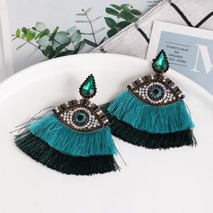 Evil Eye teal tassel rhinestone Earrings